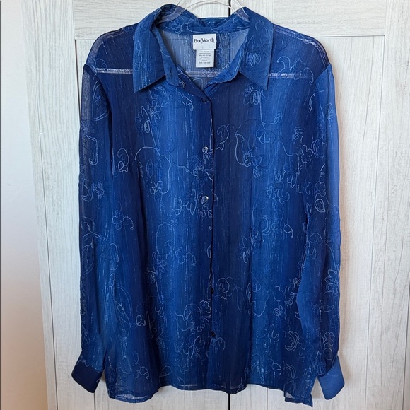 BonWorth Tops - BonWorth Sheer Navy Embroidered Button-Down Blouse